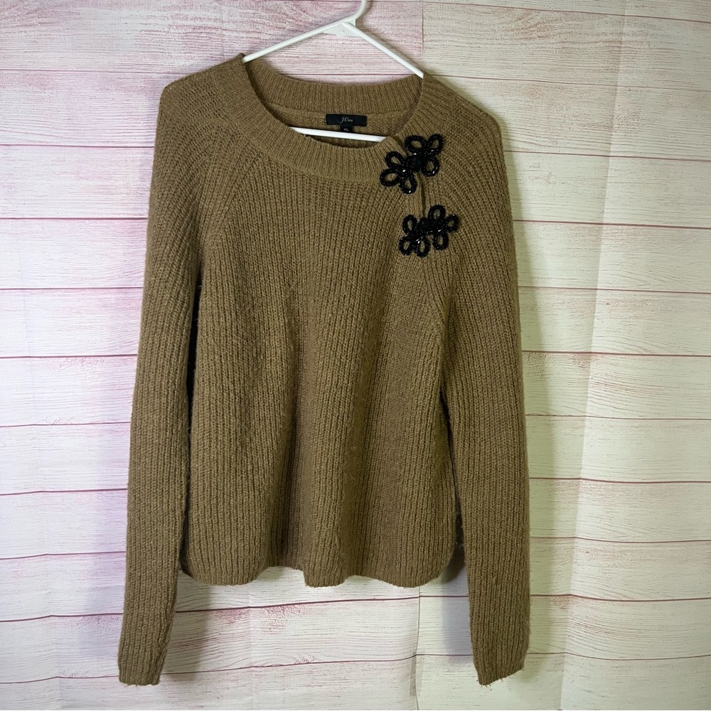 J.‎ Crew Alpaca Blend Camel Tan Ribbed Sweater with Beaded Frog Clasps Size XL